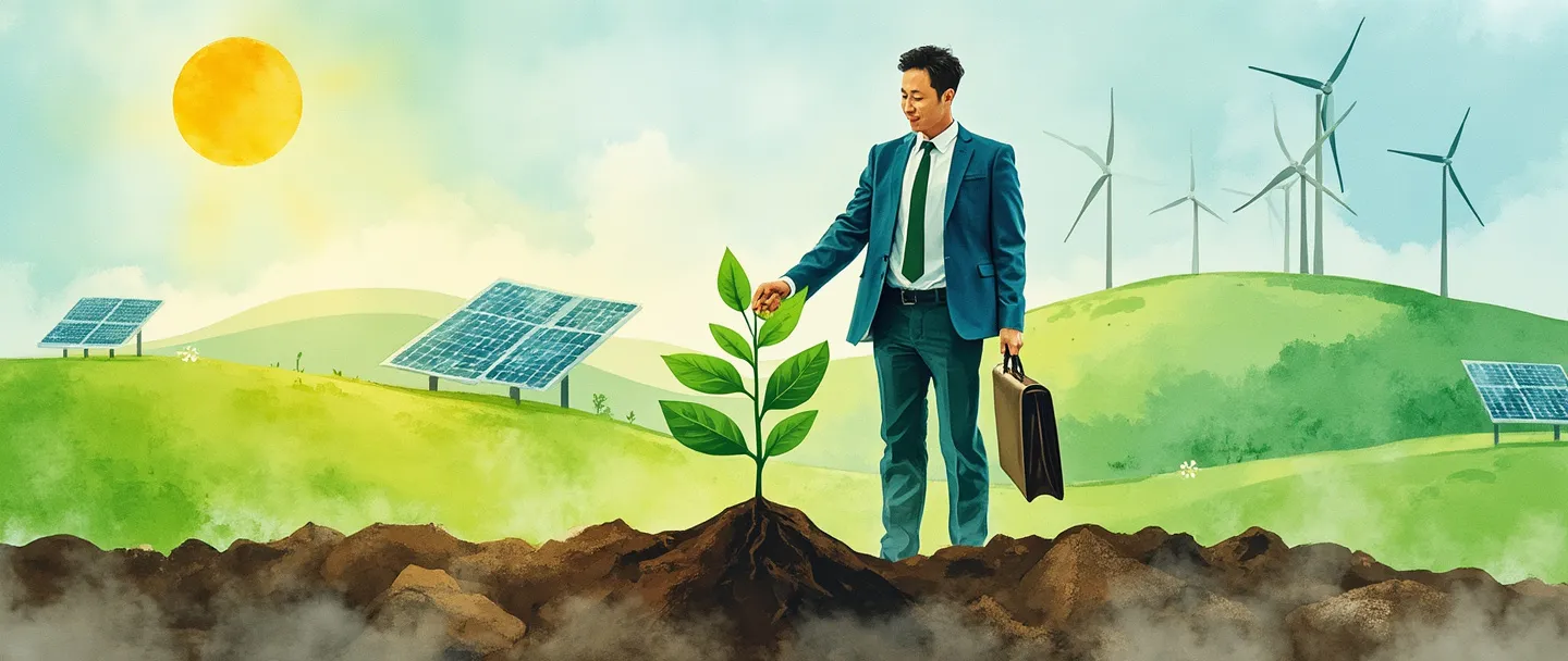 Uma pintura digital em aquarela de uma pessoa em traje executivo plantando uma árvore, com uma mão segurando uma muda verde e a outra uma pasta. Atrás dela, painéis solares e turbinas eólicas em colinas onduladas sob um sol brilhante. Composição simples com verdes e azuis vibrantes, simbolizando uma liderança que equilibra crescimento empresarial com sustentabilidade ambiental.