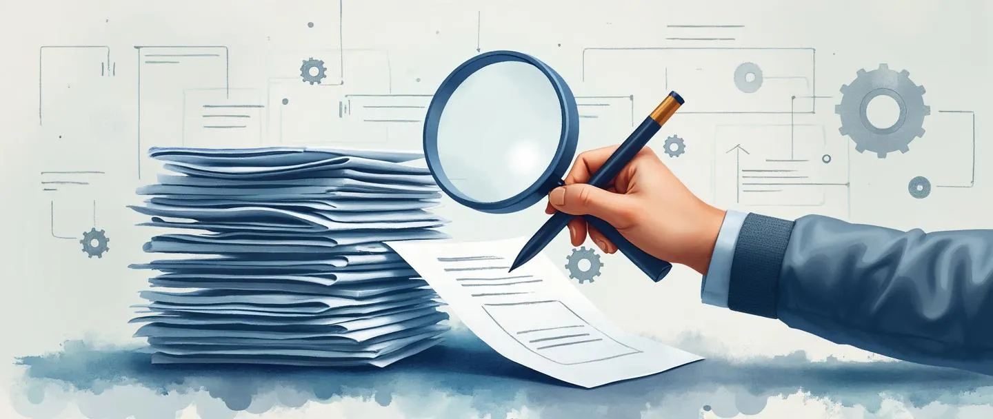 Uma pintura digital em aquarela de uma pilha organizada de documentos com uma lupa pairando acima. Uma mão segurando uma caneta está organizando papéis enquanto pequenas engrenagens flutuam nas proximidades. Símbolos simples de fluxograma aparecem no fundo. Estética limpa e organizada com tons suaves de azul e cinza.