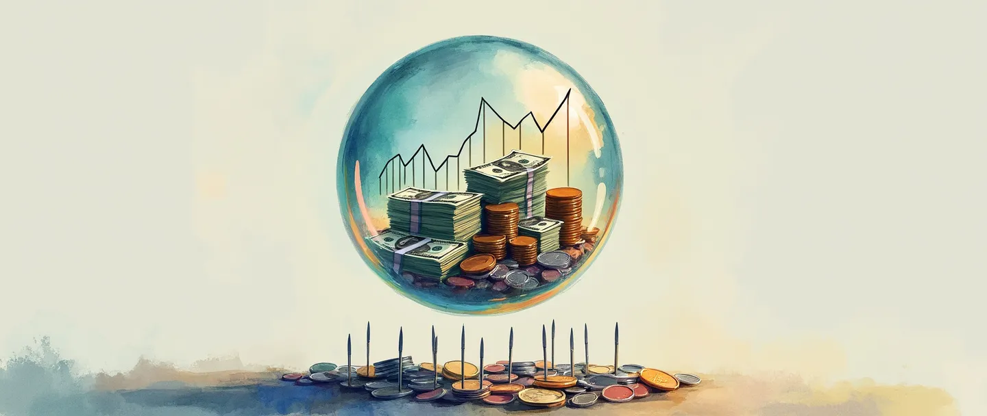 Um desenho digital em aquarela de uma bolha de sabão contendo pilhas de dinheiro e moedas, flutuando perigosamente alto acima de agulhas afiadas. A bolha tem uma superfície fina e iridescente que reflete gráficos financeiros mostrando picos dramáticos para cima. Composição simples com cores vibrantes contra um fundo minimalista.