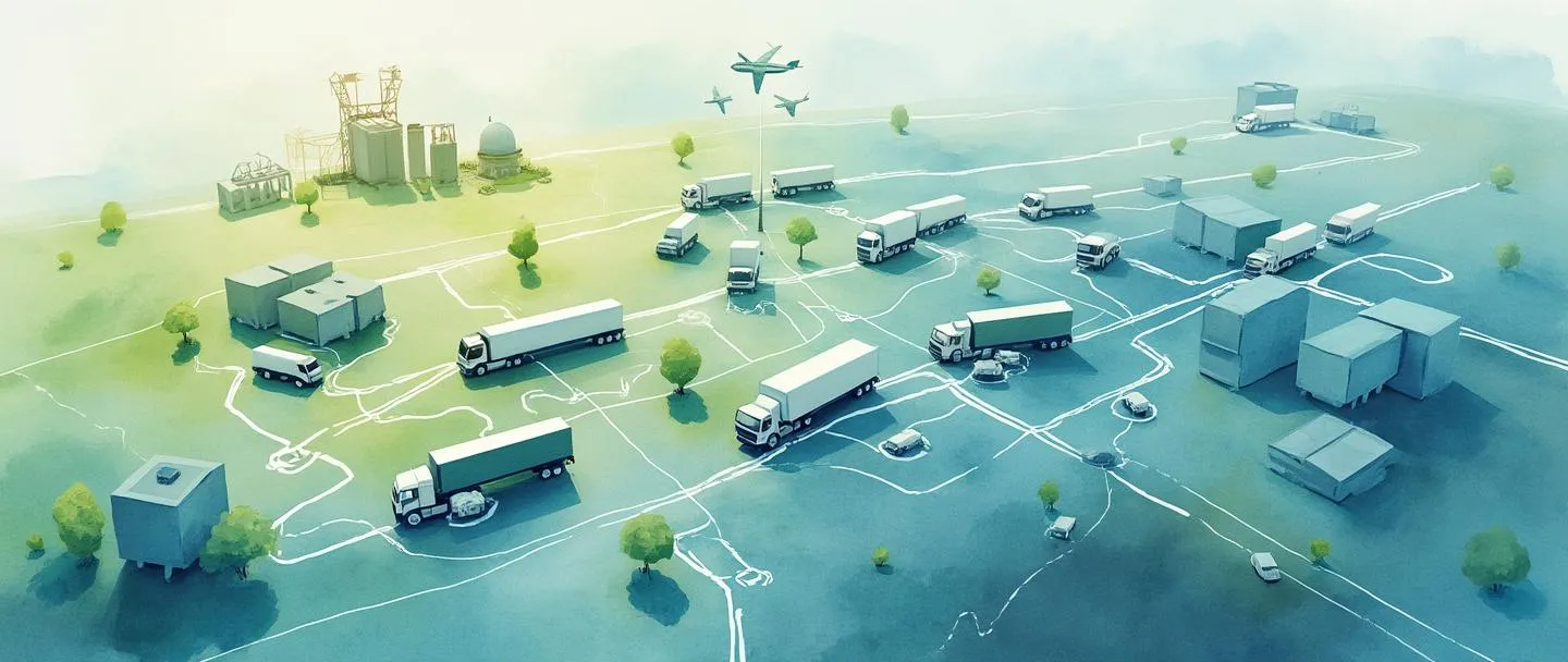 Uma pintura digital em aquarela de uma rede logística mostrando caminhões, navios e aviões conectados por linhas fluidas através de uma paisagem simplificada. Armazéns e centros de distribuição são representados como formas geométricas simples com engrenagens flutuando acima deles. Uma rosa dos ventos no canto guia as rotas de transporte. Composição limpa, com azuis e verdes harmoniosos, transmitindo movimento eficiente e conectividade.