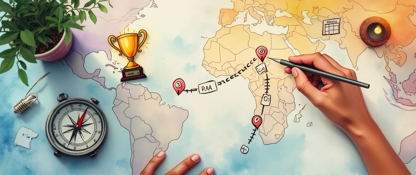 Uma pintura digital em aquarela de uma pessoa desenhando um caminho em um mapa que leva de um ponto de partida até um troféu. O caminho está marcado com pequenos pontos de verificação e um calendário. Uma bússola e uma lâmpada pairam nas proximidades, enquanto uma simples lista de tarefas se desdobra ao lado do mapa. Linhas limpas, composição proposital, cores vibrantes, porém calmantes.