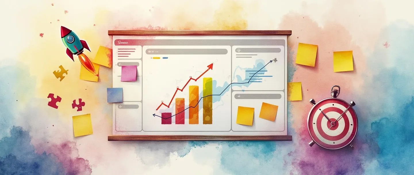Tradução para pt-br:

Uma pintura digital em aquarela de um quadro kanban com notas adesivas coloridas, apresentando um painel de controle proeminente com um gráfico de barras simples com tendência ascendente. Um pequeno foguete voa ao lado de um alvo com uma flecha no centro. Um cronômetro e peças de quebra-cabeça flutuam nas proximidades, representando métricas ágeis. Composição simples com cores vibrantes.