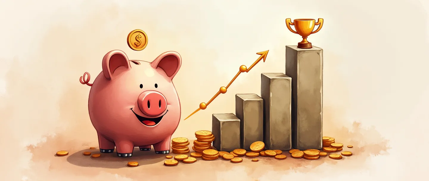 Uma pintura digital em aquarela de um cofrinho de porquinho sorridente com moedas fluindo para dentro dele, ao lado de um gráfico de barras ascendente com um símbolo de porcentagem. Um pequeno troféu está no topo da barra mais alta, com um brilho sutil ao seu redor. Composição simples, cores quentes, tema de prosperidade financeira.