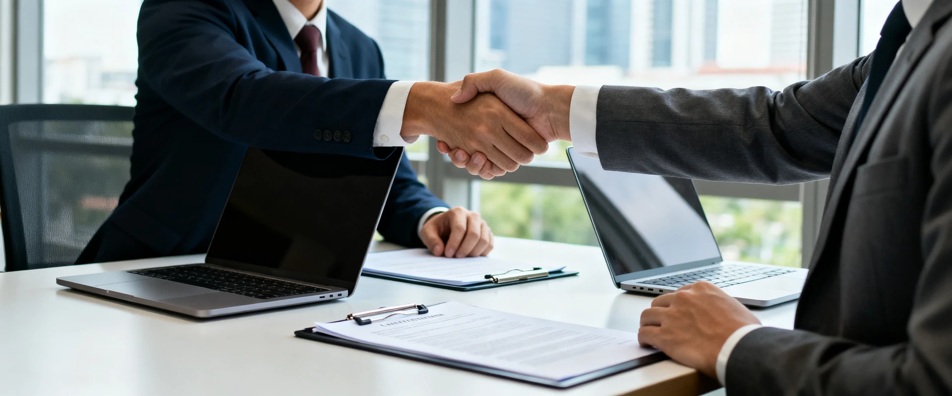 B2B: o que significa e como começar nesse modelo de negócio Fotografia editorial ultra-realista de dois executivos profissionais apertando as mãos em sala de reunião corporativa moderna, com laptops e documentos sobre mesa de conferência, capturada em Canon EOS R5 com luz natural e foco nítido em alta resolução.