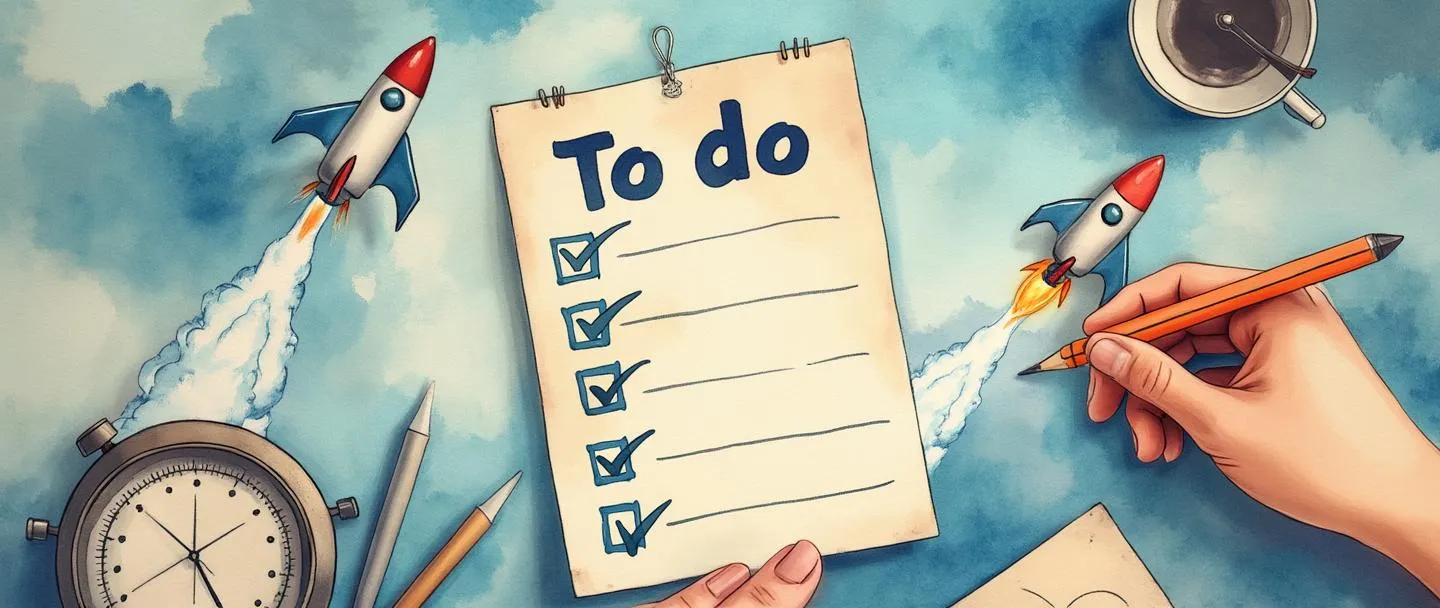 Uma pintura digital em aquarela de uma lista de tarefas prioritizada com marcas de verificação ao lado das tarefas concluídas, cercada por uma bússola, um alvo e um relógio. Uma mão está riscando itens enquanto um pequeno foguete é lançado do topo da lista em direção ao pico de uma montanha. Composição simples com azuis vibrantes e acentos quentes.