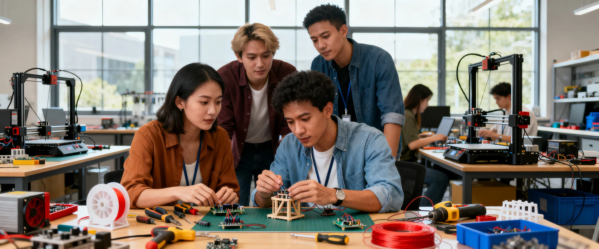Cultura Maker: definição, relevância e exemplos no dia a dia Fotografia editorial ultra-realista de grupo diverso colaborando em makerspace moderno com impressoras 3D, eletrônicos e ferramentas, capturando momento autêntico de criação e prototipagem em ambiente de trabalho colaborativo.