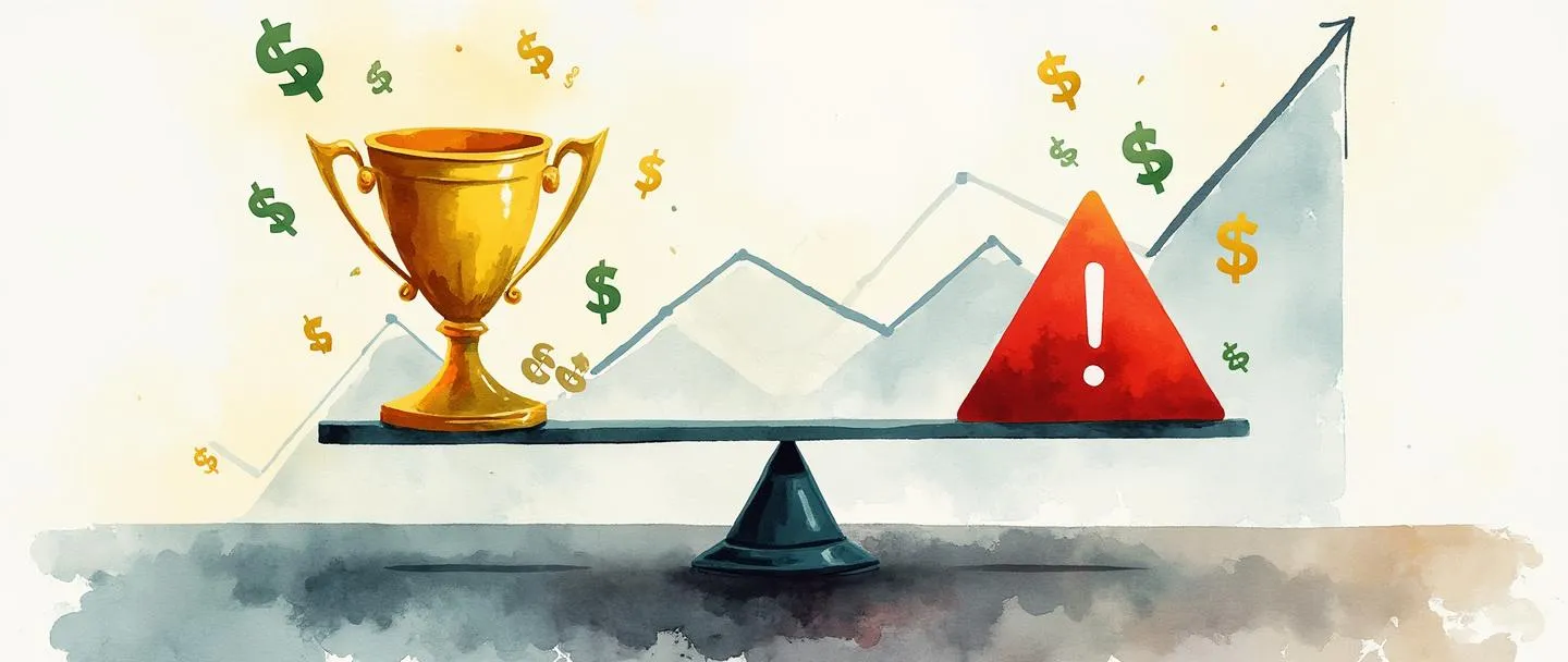 Uma pintura digital em aquarela de uma balança equilibrada com um troféu dourado em um lado e um sinal de alerta vermelho no outro. No fundo, um gráfico de linha ascendente simples com picos e vales. Símbolos de dinheiro flutuam ao redor da balança, com cores mais brilhantes próximas ao troféu e tons mais escuros próximos ao sinal de alerta. Composição limpa, tema financeiro, vibrante mas profissional.