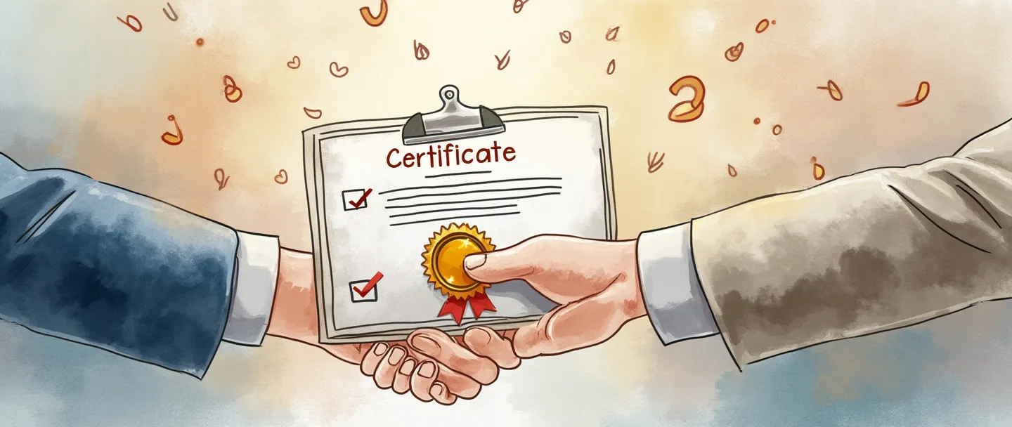 Uma pintura digital em aquarela de duas mãos trocando um certificado com um selo dourado, cercadas por marcas de verificação flutuantes e uma prancheta com uma lista de verificação completa. Um aperto de mão se forma no fundo, com um brilho sutil de aprovação. Composição simples, cores profissionais, tema de aprovação de fornecedor.