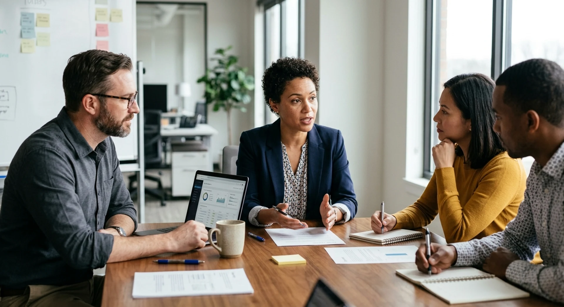 Soft Skills: principais habilidades e como desenvolvê-las no ambiente profissional Fotografia editorial ultra-realista de profissionais diversos colaborando em mesa de conferência em escritório moderno, capturando momento autêntico de trabalho em equipe com foco nítido e detalhes cristalinos em alta resolução.