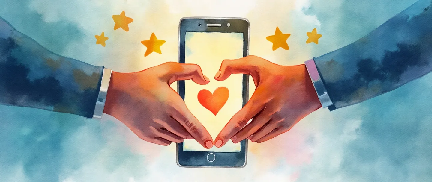 Uma pintura digital em aquarela de duas mãos envolvidas em um caloroso aperto de mão, com uma conexão em forma de coração se formando entre elas. Um smartphone exibe uma mensagem amigável, cercado por estrelas suaves e brilhantes de satisfação do cliente. Composição simples com cores vibrantes, porém suaves, transmitindo confiança e construção de relacionamento.