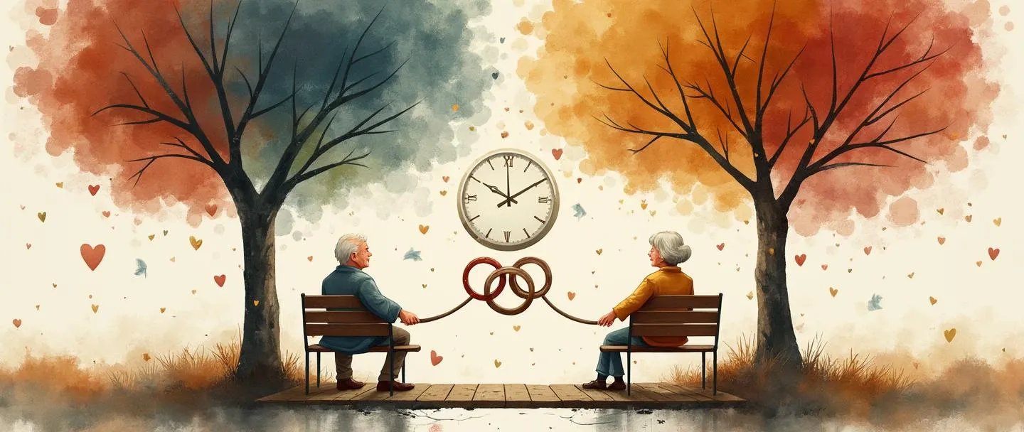 Uma pintura digital em aquarela de um casal idoso sentado em um banco, de mãos dadas sob uma árvore que mostra as quatro estações simultaneamente. Uma pequena ponte conecta o banco deles a um relógio com anéis entrelaçados. Composição simples com cores quentes, transmitindo uma conexão atemporal e um amor duradouro.