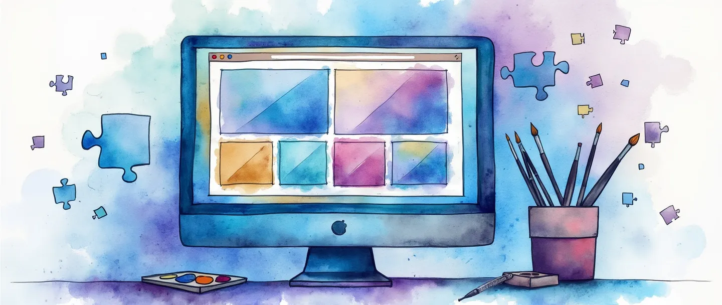 Uma pintura digital em aquarela de uma tela de computador exibindo um layout em grade com elementos de design equilibrados. Um pincel e uma paleta de cores flutuam nas proximidades, enquanto peças de quebra-cabeça conectam diferentes seções da tela. Composição simples com tons vibrantes de azul e roxo, representando princípios de web design em uma visual limpa e intuitiva.