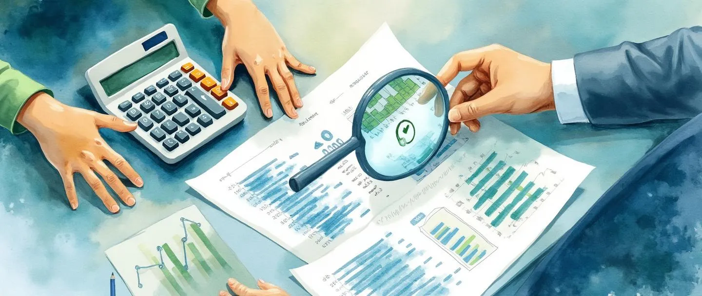 Uma pintura digital em aquarela de um contador comparando documentos financeiros com uma calculadora próxima. Planilhas com números e uma lupa pairando sobre pontos de dados correspondentes. Uma marca de verificação aparece onde os números se alinham. Composição simples com tons de azul e verde transmitindo confiança e precisão.