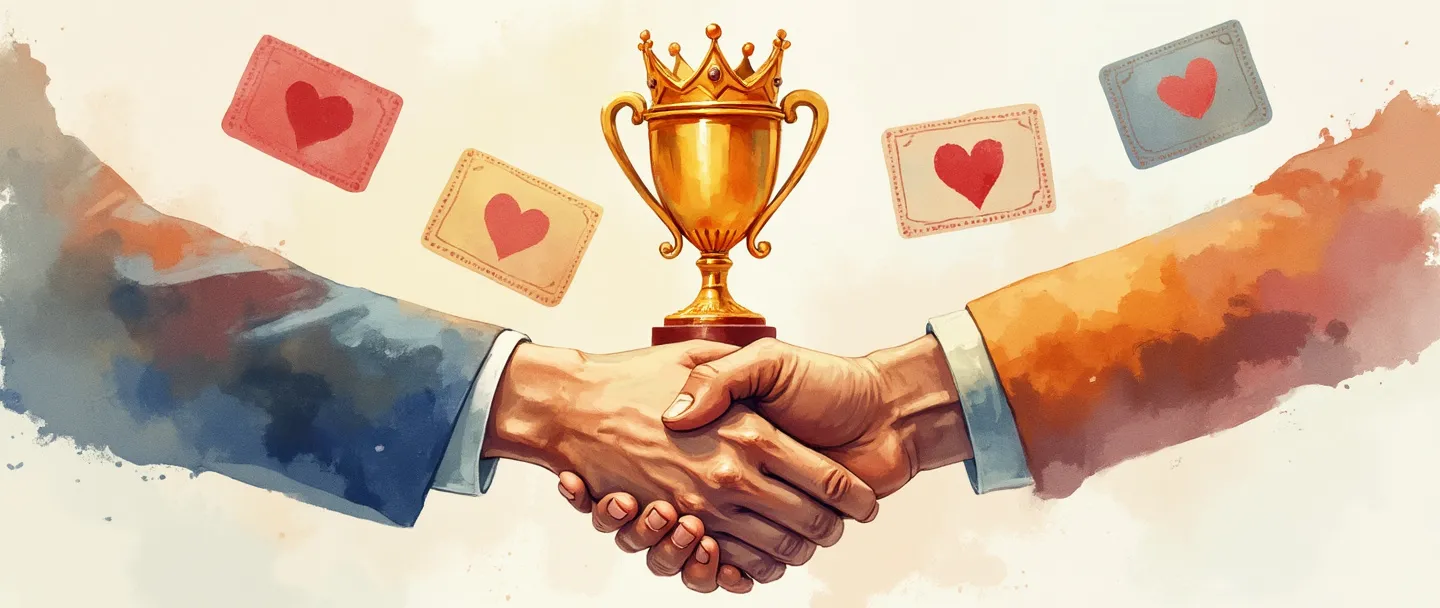 Uma pintura digital em aquarela de um aperto de mãos conectando-se a uma coroa, cercada por cartões de fidelidade flutuantes. Um alvo em forma de coração com um troféu no centro representa a retenção de clientes. Composição simples com cores quentes e convidativas que transmitem confiança e construção de relacionamento. Pinceladas elegantes criando uma sensação de conexão e valor.