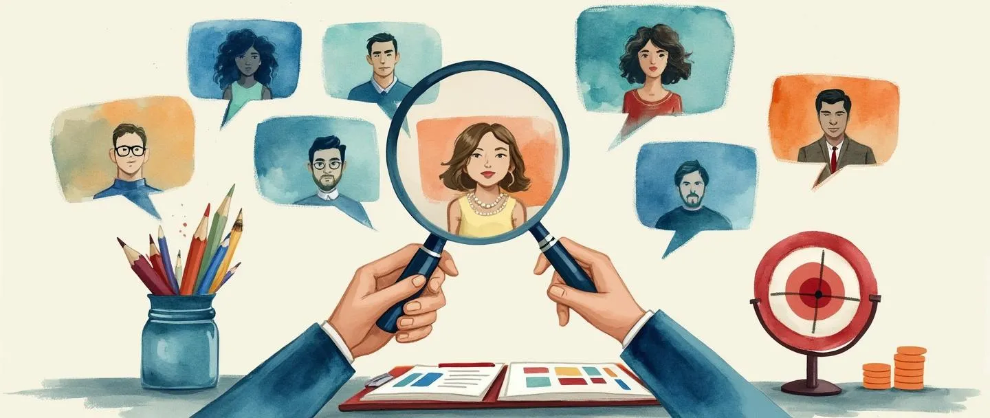 Tradução para pt-br:

Uma pintura digital em aquarela de uma pessoa com uma lupa examinando balões de fala contendo rostos diversos. Uma prancheta com anotações coloridas está próxima, enquanto um alvo representa insights de mercado. Composição simples com tons suaves de azul e laranjas quentes, transmitindo pesquisa e compreensão.