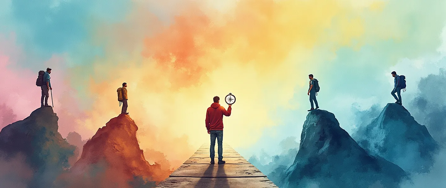 Uma pintura digital em aquarela de uma pessoa em pé em uma encruzilhada com quatro caminhos diferentes, cada um mostrando um estilo de liderança diferente. O líder segura uma bússola enquanto adapta sua abordagem para guiar diversos membros da equipe que escalam uma montanha. Composição simples com cores vibrantes destacando a flexibilidade situacional e orientação adaptativa.