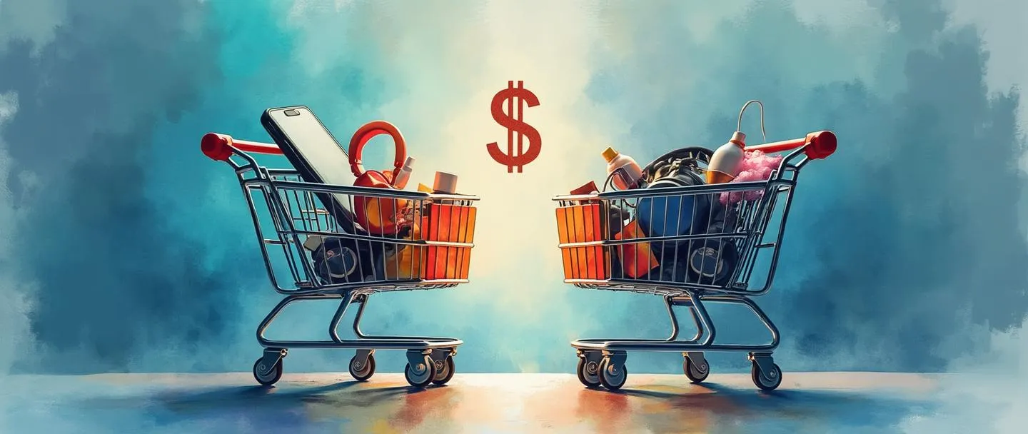 Uma pintura digital em aquarela de dois carrinhos de compras conectados por uma ponte brilhante, com um carrinho contendo um smartphone e o outro cheio de produtos complementares como fones de ouvido e acessórios. Um sutil cifrão flutua acima, sugerindo valor aumentado. Composição simples com cores vibrantes destacando a relação de venda cruzada.