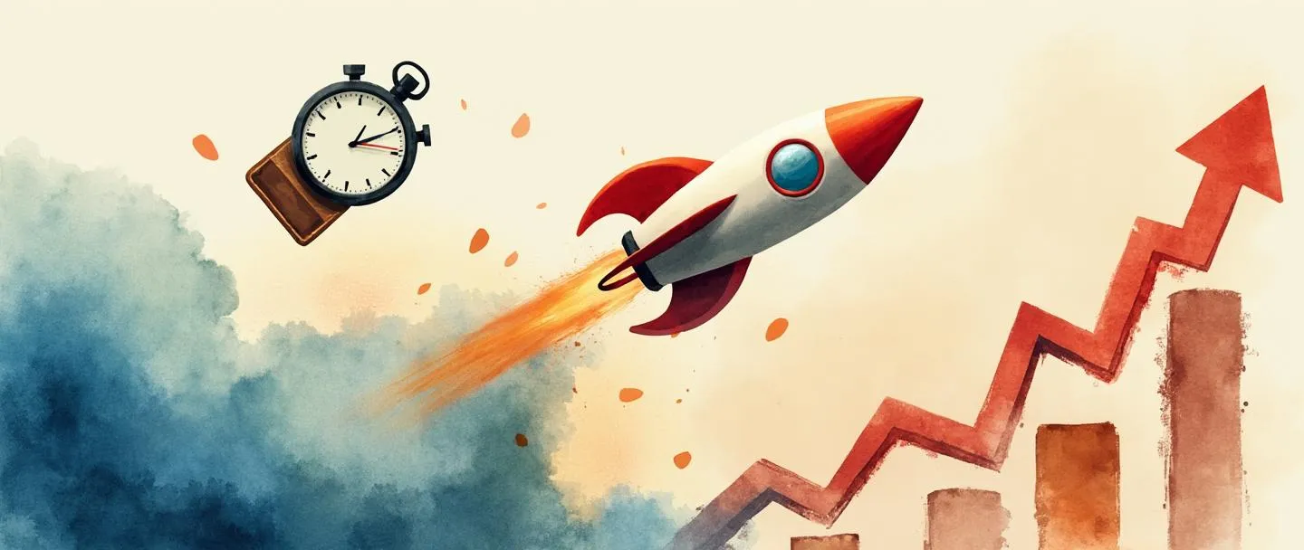 Uma pintura digital em aquarela de um foguete aerodinâmico com partes desnecessárias se desprendendo, voando em direção a um alvo claro. Um cronômetro e uma carteira flutuam próximos, com um gráfico simples de tendência ascendente ao fundo. Estilo minimalista com pinceladas vibrantes, porém eficientes, representando princípios de marketing enxuto.