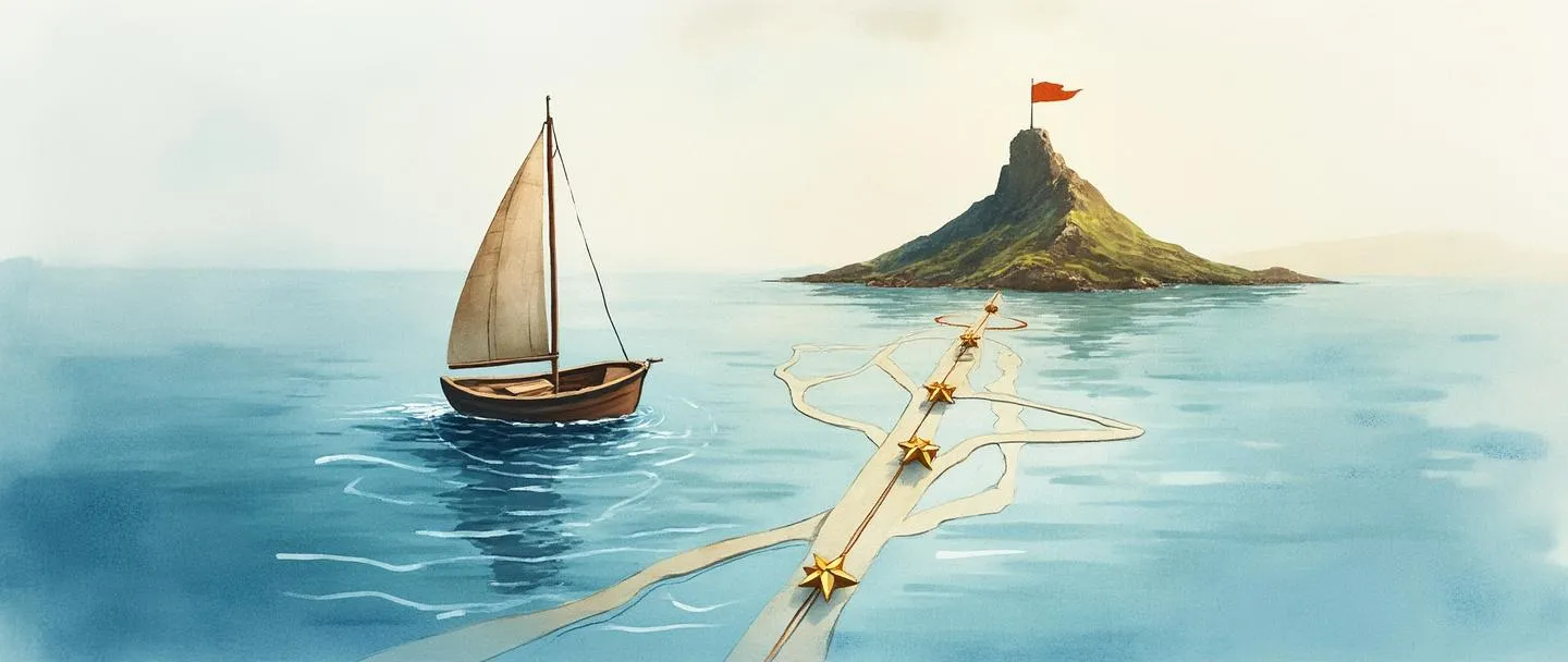 Uma pintura digital em aquarela de uma bússola guiando um pequeno barco através de águas azuis em direção a uma montanha distante com uma bandeira em seu pico. Um mapa simplificado se estende do barco até a montanha, com alguns pontos estratégicos marcados por pequenas estrelas douradas. Composição limpa e focada com direção proposital.