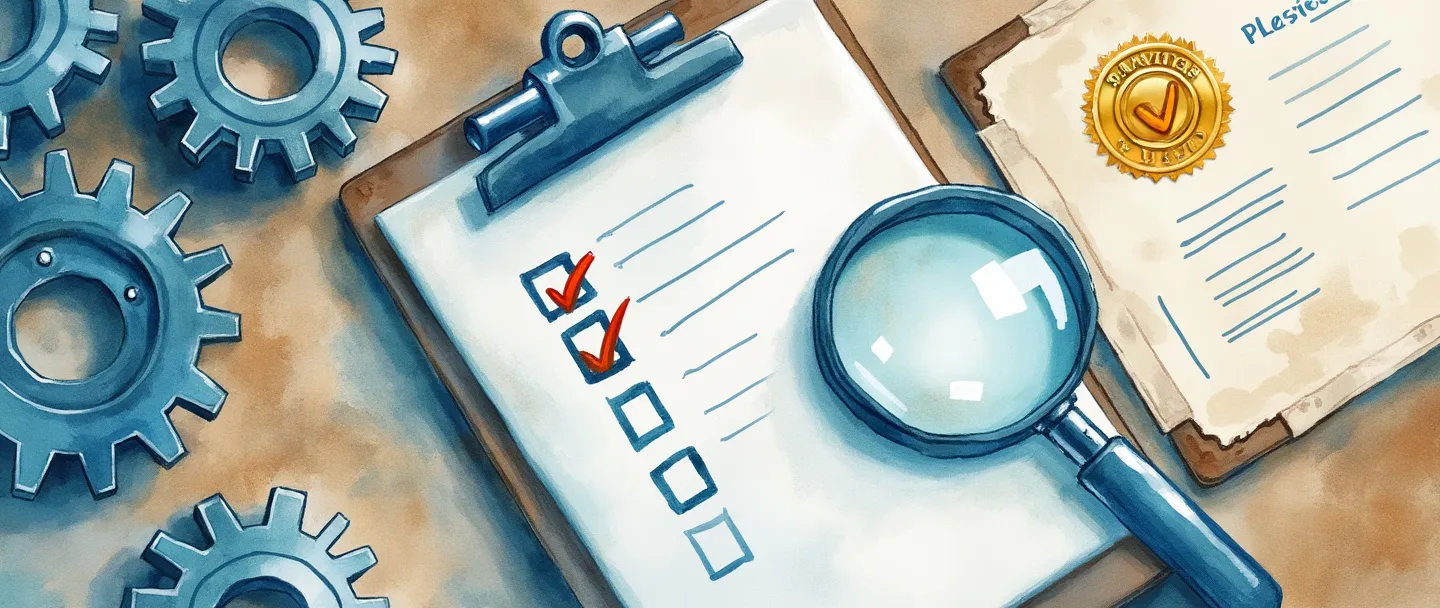 Uma pintura digital em aquarela de uma prancheta com uma lista de verificação e uma lupa examinando engrenagens. Um certificado de qualidade com um selo dourado está próximo. Composição simples com tons de azul e dourado, transmitindo inspeção sistemática e padrões de qualidade.