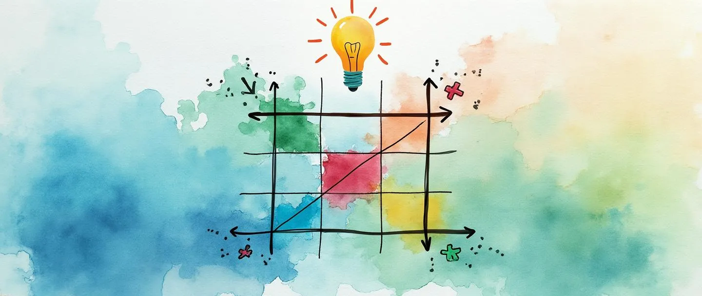 Uma pintura digital em aquarela de uma matriz de decisão mostrada como uma grade simples com células coloridas, onde setas apontam para a escolha ideal. Uma lâmpada paira acima enquanto peças de quebra-cabeça se conectam para formar caminhos através da matriz. Design limpo com azuis e verdes vibrantes contra um fundo branco suave.