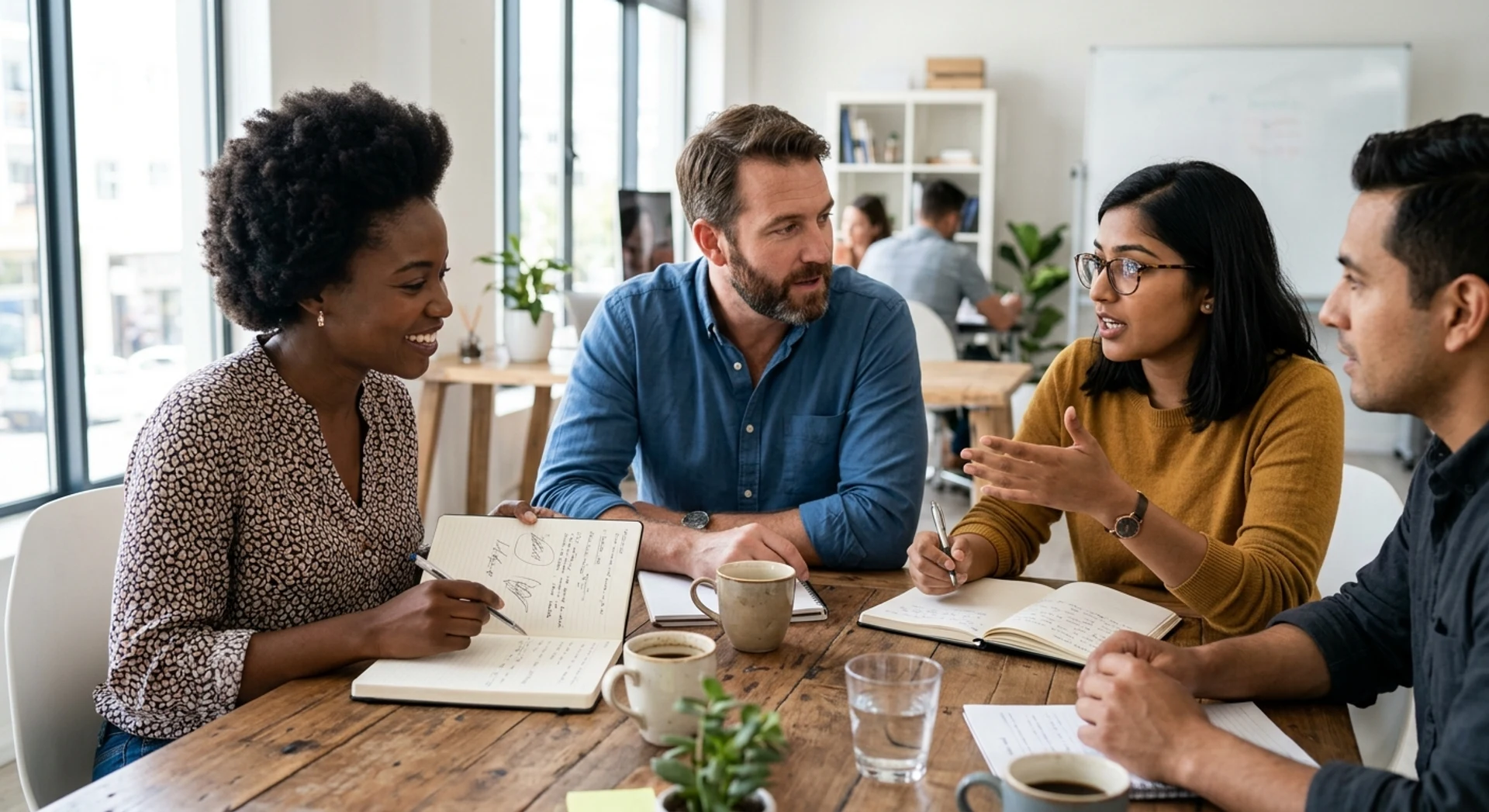 Fotografia editorial ultra-realista de equipe profissional diversa colaborando em reunião matinal ao redor de mesa de escritório com notebooks e xícaras de café, luz natural de janela, foco nítido, alta resolução, momento autêntico capturado em Canon EOS R5.