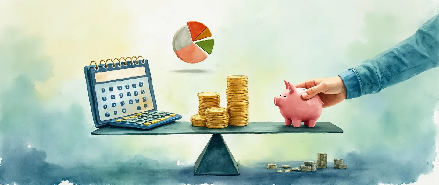 Uma pintura digital em aquarela de uma mão equilibrando uma pilha de moedas em um lado de uma balança, com um calendário e uma calculadora do outro lado. Um gráfico de pizza simples flutua acima, parcialmente transparente, com um pequeno cofrinho de porquinho próximo. Tons suaves de azul e verde com detalhes dourados, composição limpa, tema de planejamento financeiro.