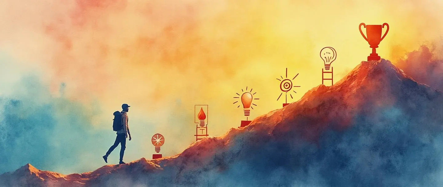 Uma pintura digital em aquarela de uma pessoa escalando um caminho de montanha com marcos ao longo do percurso. O caminho espirala para cima com pequenos ícones representando estágios da carreira: uma lâmpada (ideia), uma bússola (direção), uma escada (avanço) e um troféu no topo. Cores quentes e inspiradoras com um fundo de nascer do sol. Composição simples focando na jornada.