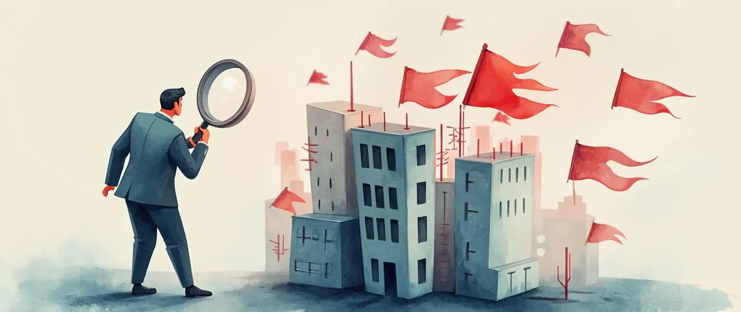 Uma pintura digital em aquarela de uma pessoa de negócios com uma lupa examinando bandeiras vermelhas de alerta emergindo de um edifício de escritórios simplificado. Um escudo protege parcialmente a estrutura enquanto uma lista de verificação de avaliação de riscos flutua nas proximidades. Composição simples com tons suaves de azul e vermelho, tema de segurança corporativa.