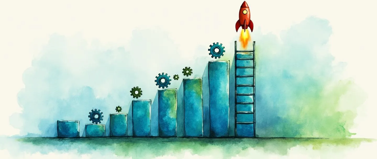 Uma pintura digital em aquarela de uma escada estendendo-se para cima ao lado de um gráfico de barras crescente. Pequenas engrenagens de diferentes tamanhos estão estrategicamente posicionadas em cada nível da escada, com um foguete no topo pronto para lançar. Composição simples com azuis e verdes vibrantes, detalhes mínimos, transmitindo o conceito de escalonamento de recursos.