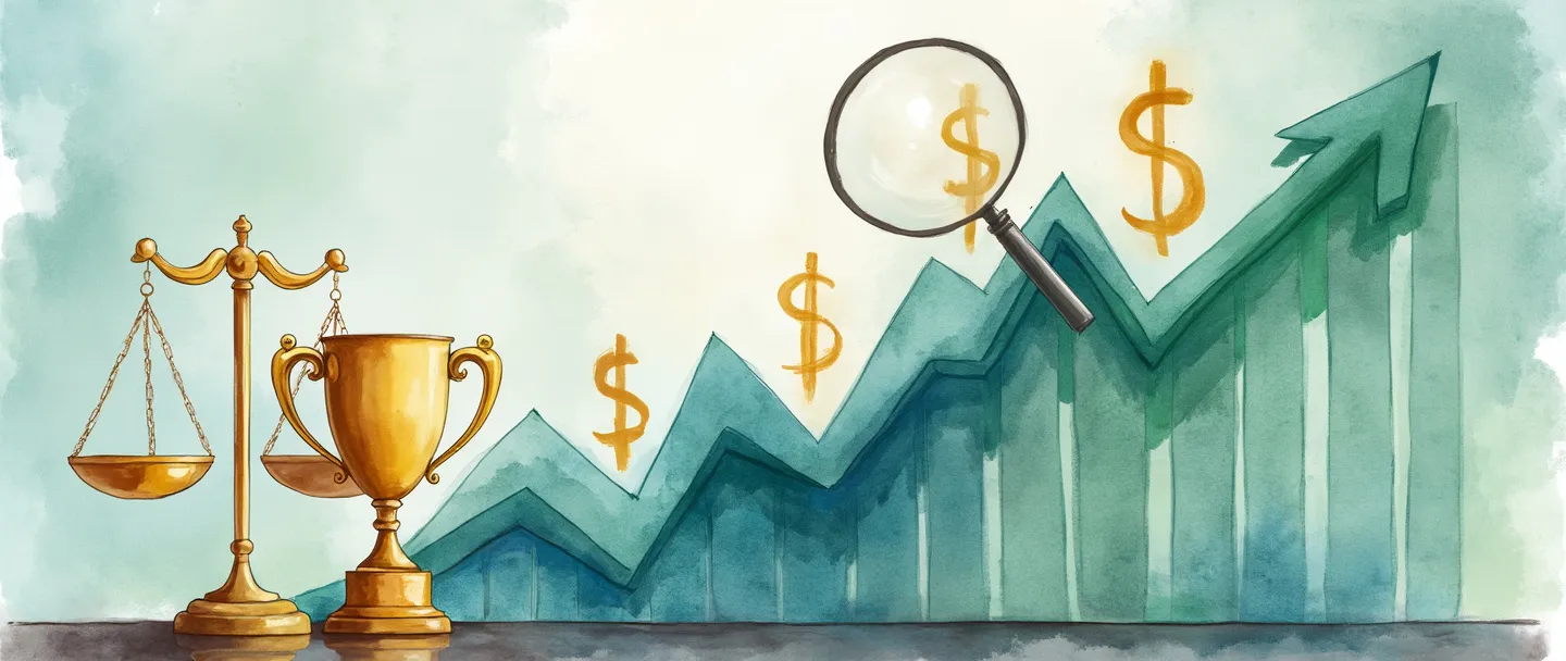 Uma pintura digital em aquarela de um gráfico com tendência ascendente com cifrões subindo ao longo de seu caminho. Uma balança simples está ao lado, com um lado segurando um troféu dourado e o outro uma calculadora. Uma lupa paira sobre métricas financeiras importantes. Paleta de cores limpa e profissional de azuis e verdes com acentos dourados.