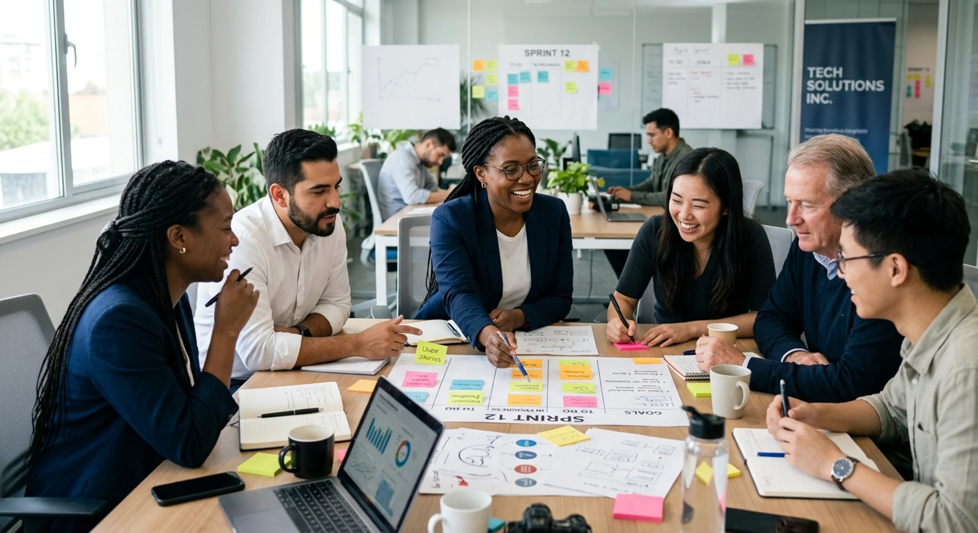 Metodologias ágeis: o que são, exemplos e vantagens na prática Equipe diversa de profissionais colaborando em planejamento sprint com post-its coloridos em escritório moderno. Fotografia editorial ultra-realista capturando momento autêntico de trabalho em equipe e metodologia ágil.