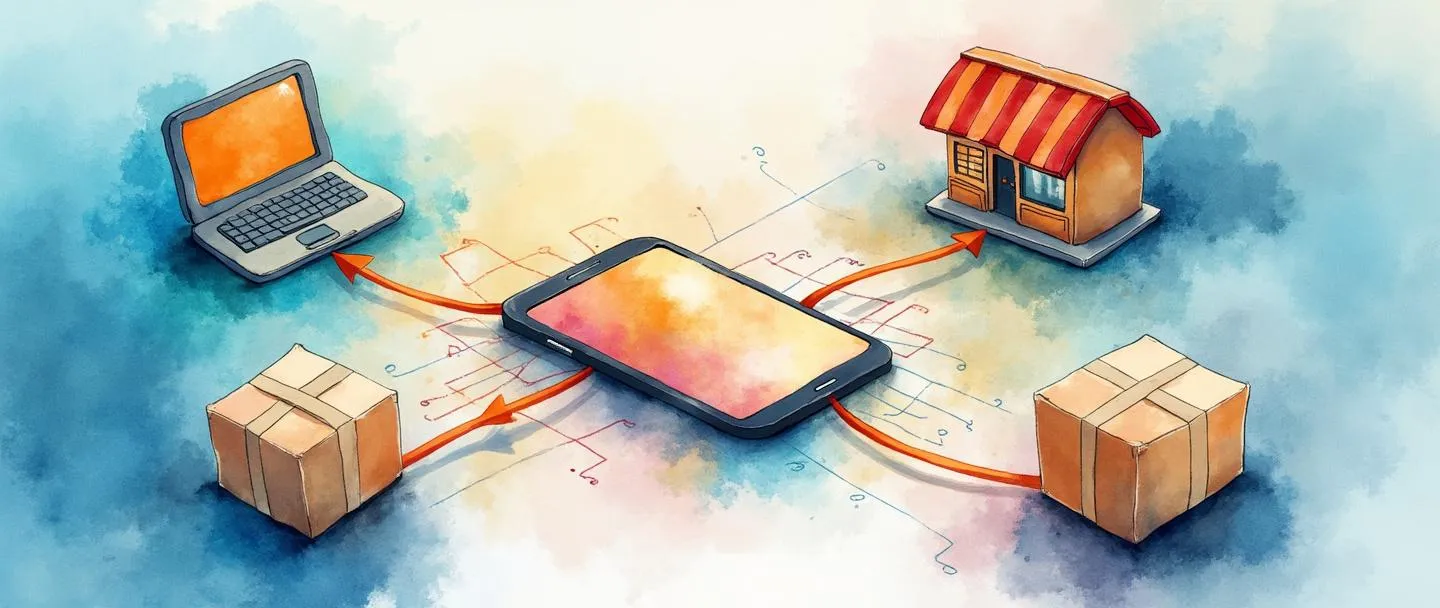 Uma pintura digital em aquarela de um smartphone no centro conectado a múltiplos canais de compra: um computador, um prédio de loja física e um pacote de entrega. Setas coloridas fluem entre todos os elementos, criando uma rede unificada. Composição simples com vibrantes tons de azul e laranja. Transmite uma distribuição multicanal integrada e sem interrupções.