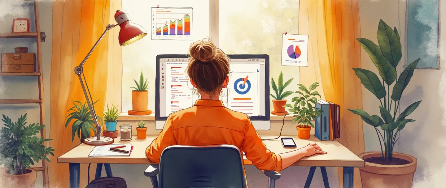 Uma pintura digital em aquarela de uma pessoa trabalhando em um computador em um espaço aconchegante de escritório em casa, com elementos de marketing como um pequeno alvo, gráficos coloridos e um smartphone próximo. Cores quentes, composição simples, atmosfera profissional, porém confortável.