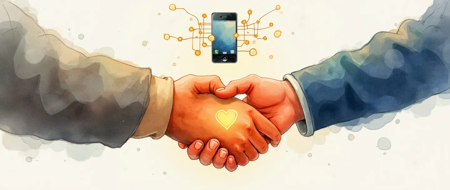 Uma pintura digital em aquarela de duas mãos envolvidas em um caloroso aperto de mão, com uma forma sutil de coração se formando entre elas. Acima do aperto de mão, uma pequena rede de conexões brilhantes liga um smartphone a um computador. Composição simples, cores quentes, atmosfera de construção de relacionamento.