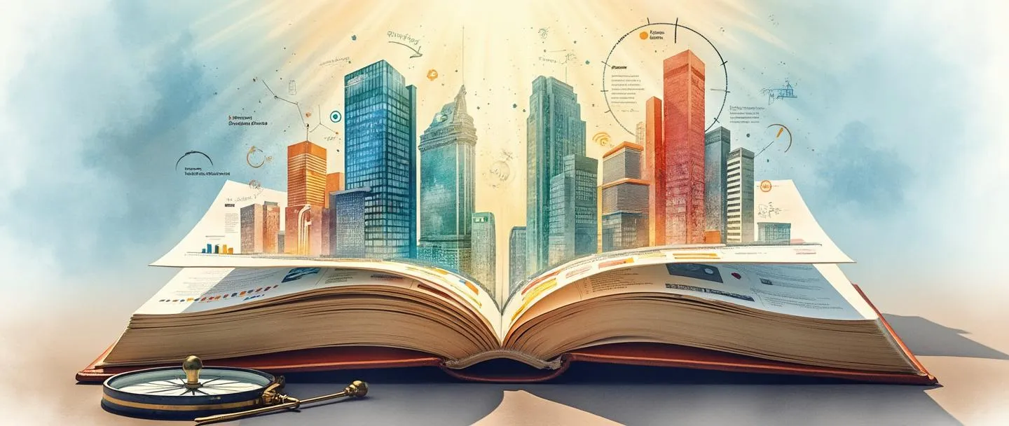 Uma pintura digital em aquarela de um elegante livro aberto com páginas se transformando em um edifício de escritórios. O livro exibe infográficos coloridos e logotipos de empresas enquanto emana suaves raios de luz. Um portfólio profissional está apoiado contra o livro, com uma bússola simples próxima, sugerindo direção e propósito. Composição limpa com tons suaves de azul e acentos quentes.