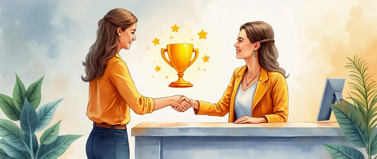 Uma pintura digital em aquarela de um representante de atendimento ao cliente com um sorriso amigável apertando as mãos de um cliente satisfeito através de uma mesa limpa e moderna. Um troféu brilhante e uma estrela dourada pairam entre eles, simbolizando um serviço de qualidade. Composição simples com cores quentes e convidativas.