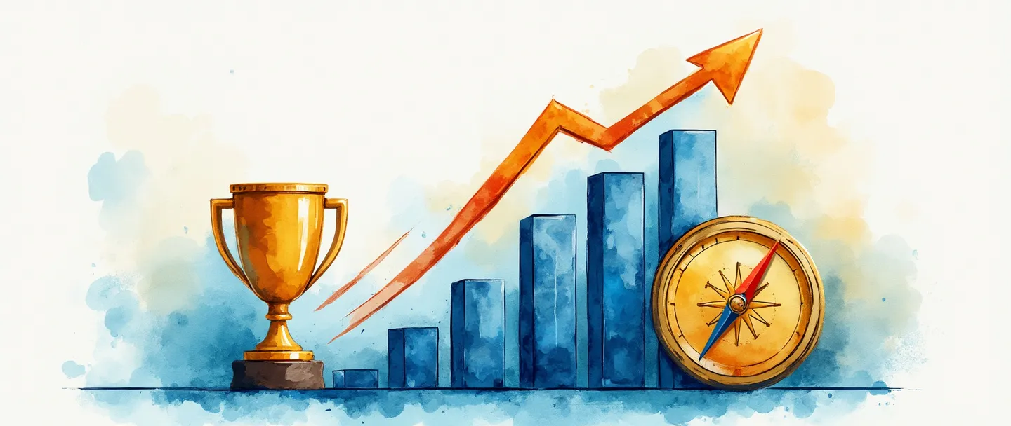 Uma pintura digital em aquarela de uma seta circular retornando a um gráfico de barras com tendência ascendente. Um troféu está ao lado do gráfico enquanto uma bússola aponta para uma moeda com "KPI" gravado nela. Composição simples com vibrantes tons de azul e dourado, transmitindo a medição do retorno financeiro.