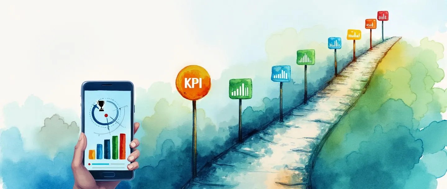 Uma pintura digital em aquarela de um caminho de jornada do cliente com métricas de KPI exibidas como placas coloridas ao longo do percurso. Uma bússola guia a jornada enquanto pequenos gráficos de barras se elevam em pontos de contato importantes. Um smartphone exibe um painel simplificado com um ícone de troféu representando conquista. Composição limpa com vibrantes tons de azul e verde.