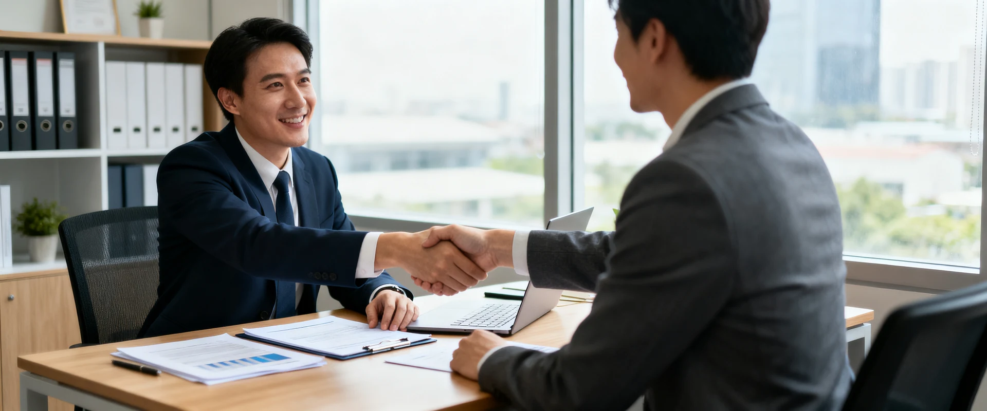 Fotografia editorial ultra-realista de vendedor profissional em escritório moderno tendo conversa amigável de acompanhamento com cliente, revisando documentos e apertando mãos através da mesa, momento autêntico e natural capturado em alta resolução com luz de janela.