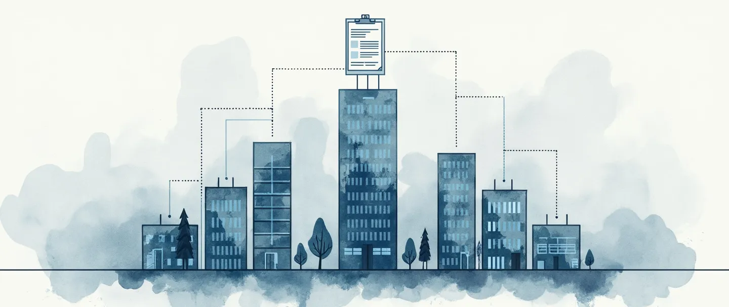 Uma pintura digital em aquarela de uma estrutura de holding mostrada como um edifício central de escritórios com edifícios menores ramificando-se dele como uma árvore genealógica. Linhas fluidas simples conectam as estruturas, com um portfólio e um contrato pairando acima. Tons corporativos limpos de azul e cinza, design minimalista, conceito empresarial elegante.