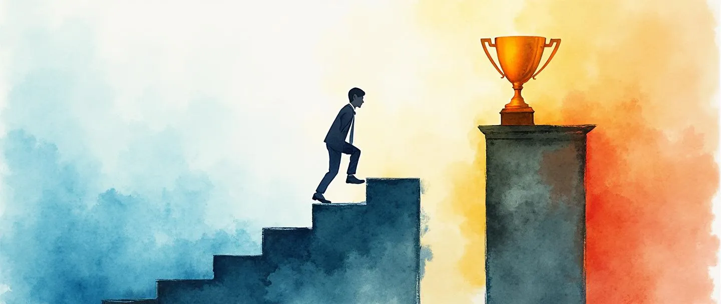 Uma pintura digital em aquarela de uma pessoa subindo uma escada com um vão visível entre dois degraus, alcançando em direção a um troféu no topo. Um gráfico de barras simplificado mostra níveis de desempenho irregulares. Design limpo com cores contrastantes destacando a lacuna de desempenho.