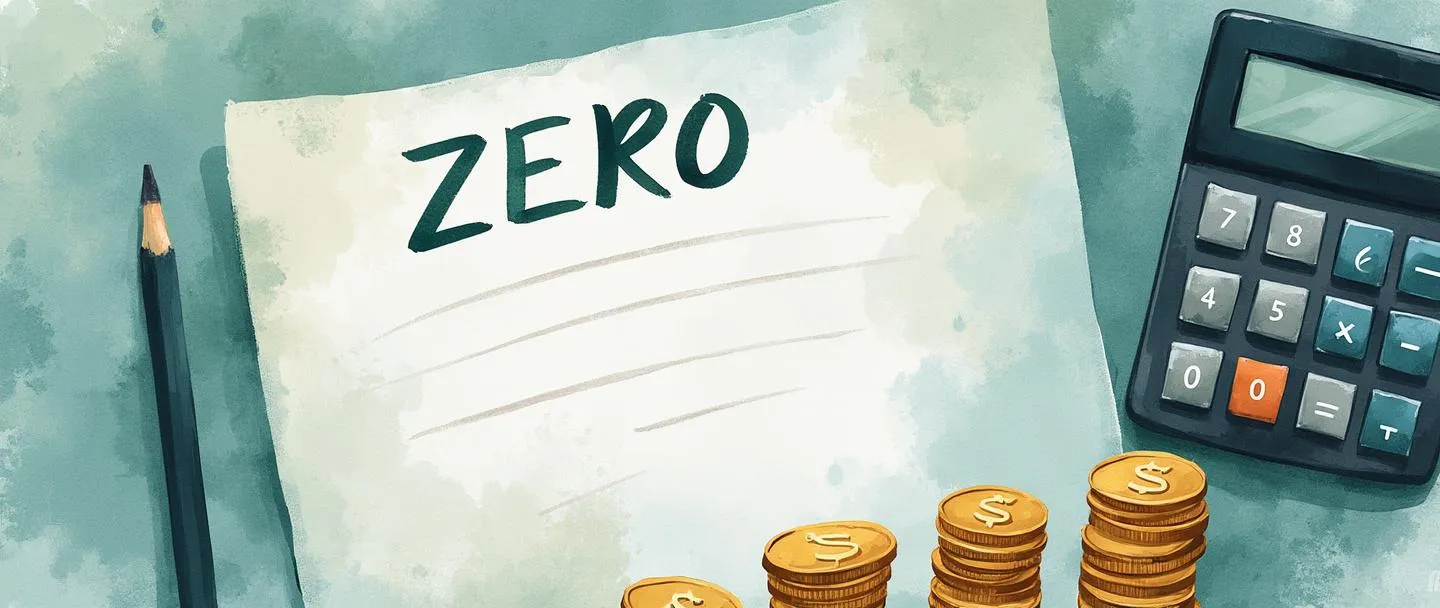 Uma pintura digital em aquarela de uma folha de papel em branco com "ZERO" exibido de forma proeminente, transformando-se em um documento de orçamento estruturado. Uma calculadora e um lápis repousam próximos, enquanto pilhas de moedas começam do zero e se acumulam para cima. Composição simples com linhas limpas e uma paleta suave de azul-verde sugerindo planejamento financeiro começando do zero.