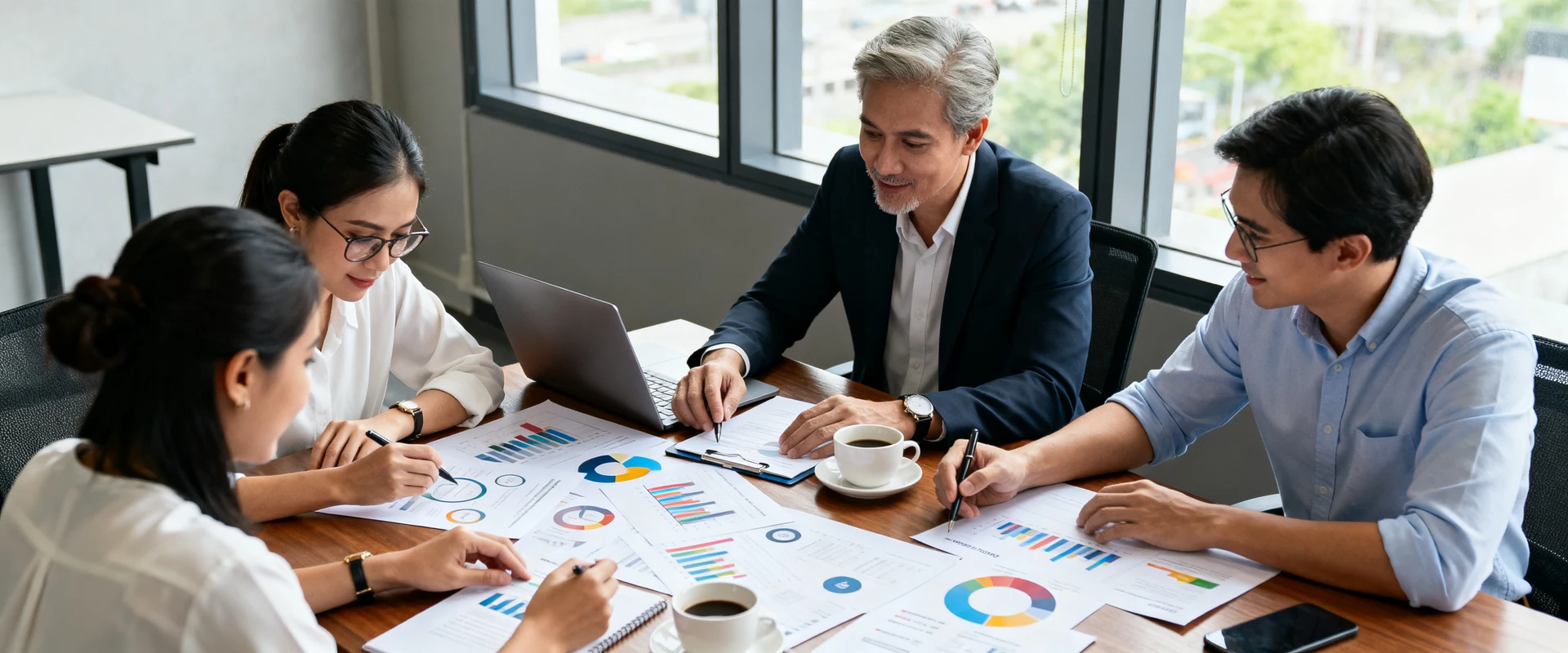Plano de Marketing: significado, fases de elaboração e modelos aplicáveis Equipe de marketing diversificada colaborando em reunião estratégica ao redor de mesa de conferência com documentos, gráficos e laptops em ambiente corporativo profissional, capturada em fotografia editorial ultra-realista com luz natural.