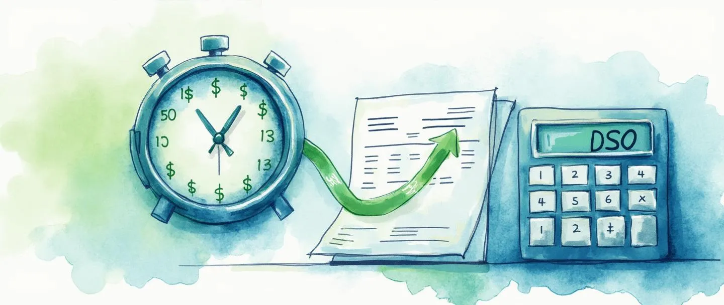 Uma pintura digital em aquarela de um relógio com cifrões como marcadores de hora, conectado a um calendário com datas de pagamento destacadas. Uma seta fluida forma uma curva descendente da fatura ao pagamento, com uma calculadora mostrando "DSO" (Prazo Médio de Recebimento) exibida de forma proeminente. Composição simples com tons de azul e verde representando eficiência financeira e gestão do tempo.