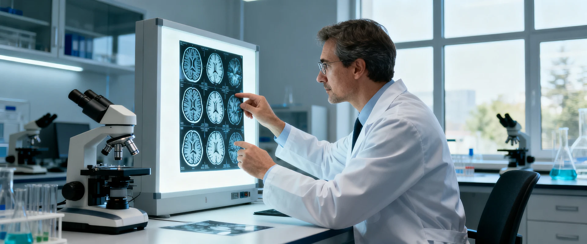 Neurocientista em laboratório moderno examinando imagens de ressonância magnética do cérebro humano em mesa de luz, fotografia editorial ultra-realista com equipamentos médicos e microscópios, luz natural, foco nítido e detalhes precisos.