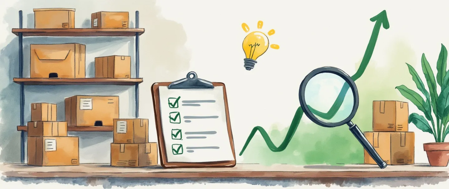 Uma pintura digital em aquarela de prateleiras organizadas com caixas arrumadas ordenadamente, uma prancheta com uma lista de verificação e uma lupa examinando o inventário. Um gráfico verde com tendência ascendente flutua próximo, enquanto uma pequena lâmpada brilha acima, representando insights de qualidade. Composição simples com linhas limpas e cores suaves.