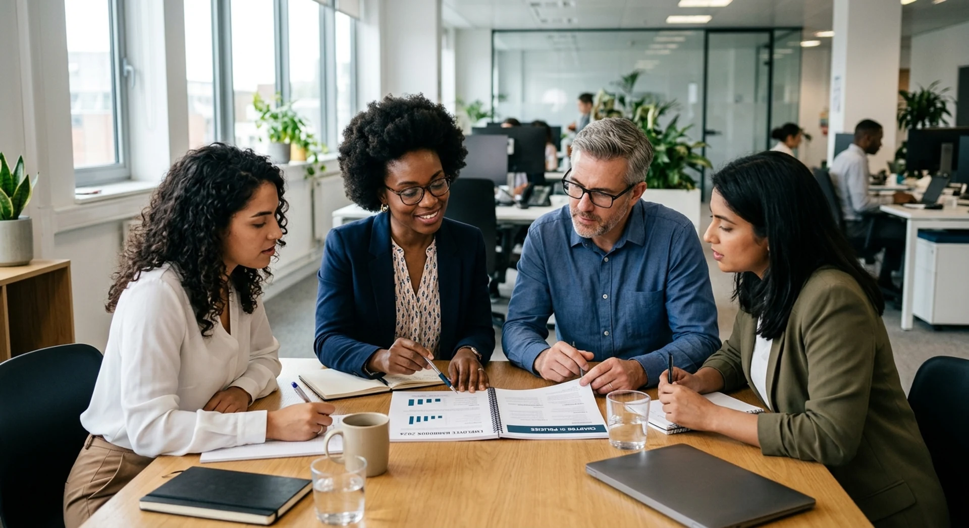Código de conduta: o que significa, qual seu papel e exemplos práticos Fotografia editorial ultra-realista de funcionários diversos colaborando em mesa de conferência, revisando documentos impressos juntos, luz natural de janela, momento autêntico e espontâneo, foco nítido e detalhes cristalinos em alta resolução.