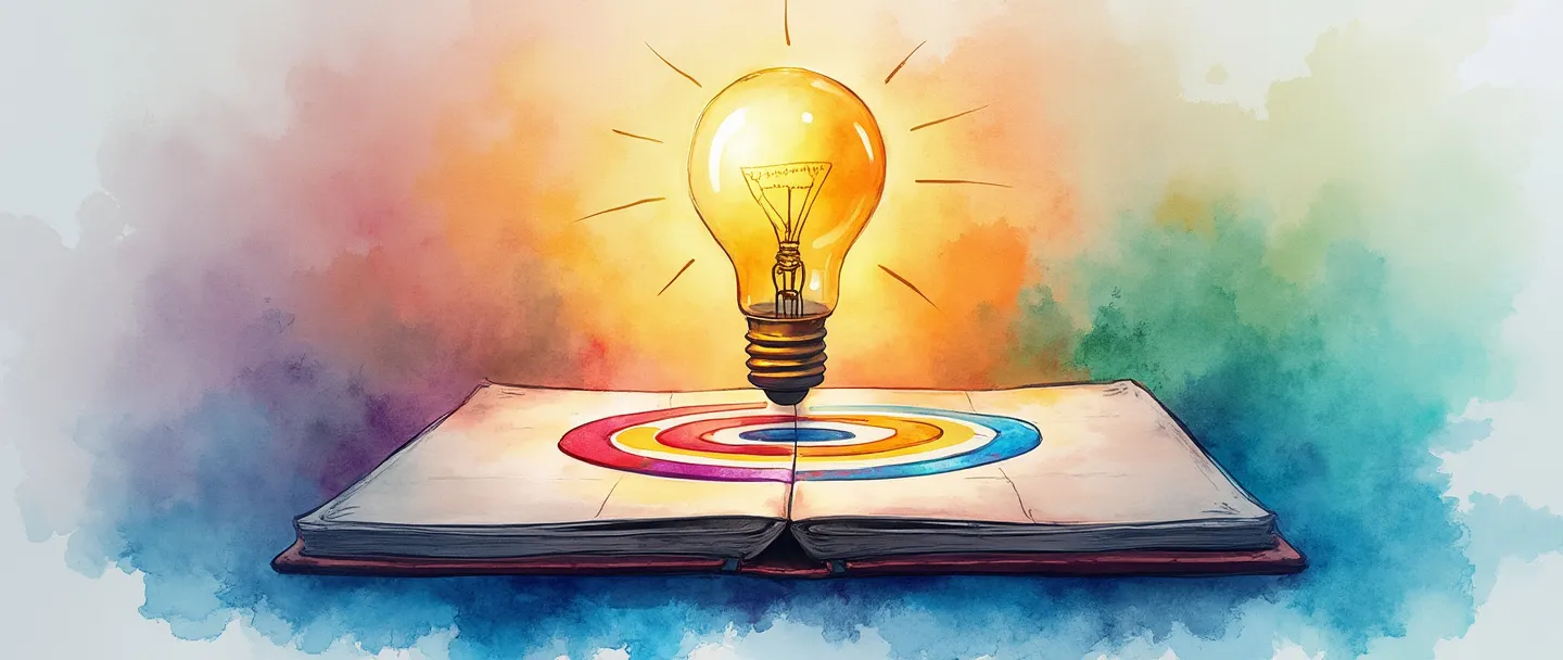 Uma pintura digital em aquarela de um logotipo colorido em um portfólio, irradiando qualidade com um selo dourado de aprovação. Uma bússola simples aponta para um alvo vibrante, enquanto uma lâmpada paira acima, emitindo um brilho quente. Linhas limpas, estética profissional, composição minimalista com cores ricas de marca.