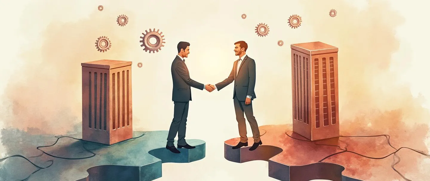 Uma pintura digital em aquarela de empresários apertando as mãos enquanto estão em pé sobre peças de quebra-cabeça que se conectam. Atrás deles, uma ponte conecta dois pequenos edifícios de escritórios com engrenagens flutuando acima. Composição simples com cores quentes, transmitindo colaboração e crescimento mútuo.